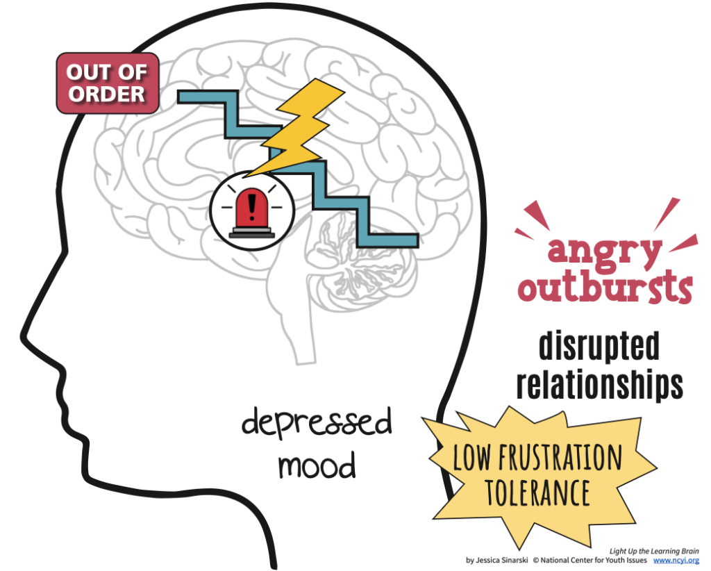 An illustration of a human brain inside a profile of a head. A jagged lightning bolt and a broken staircase run through the center of the brain, labeled with a red “Out of Order” sign and a red alert icon. On the outside of the head, the following symptoms are listed: “angry outbursts,” “disrupted relationships,” “depressed mood,” and “low frustration tolerance.” The image is credited to Jessica Sinarski and the National Center for Youth Issues, from Light Up the Learning Brain.